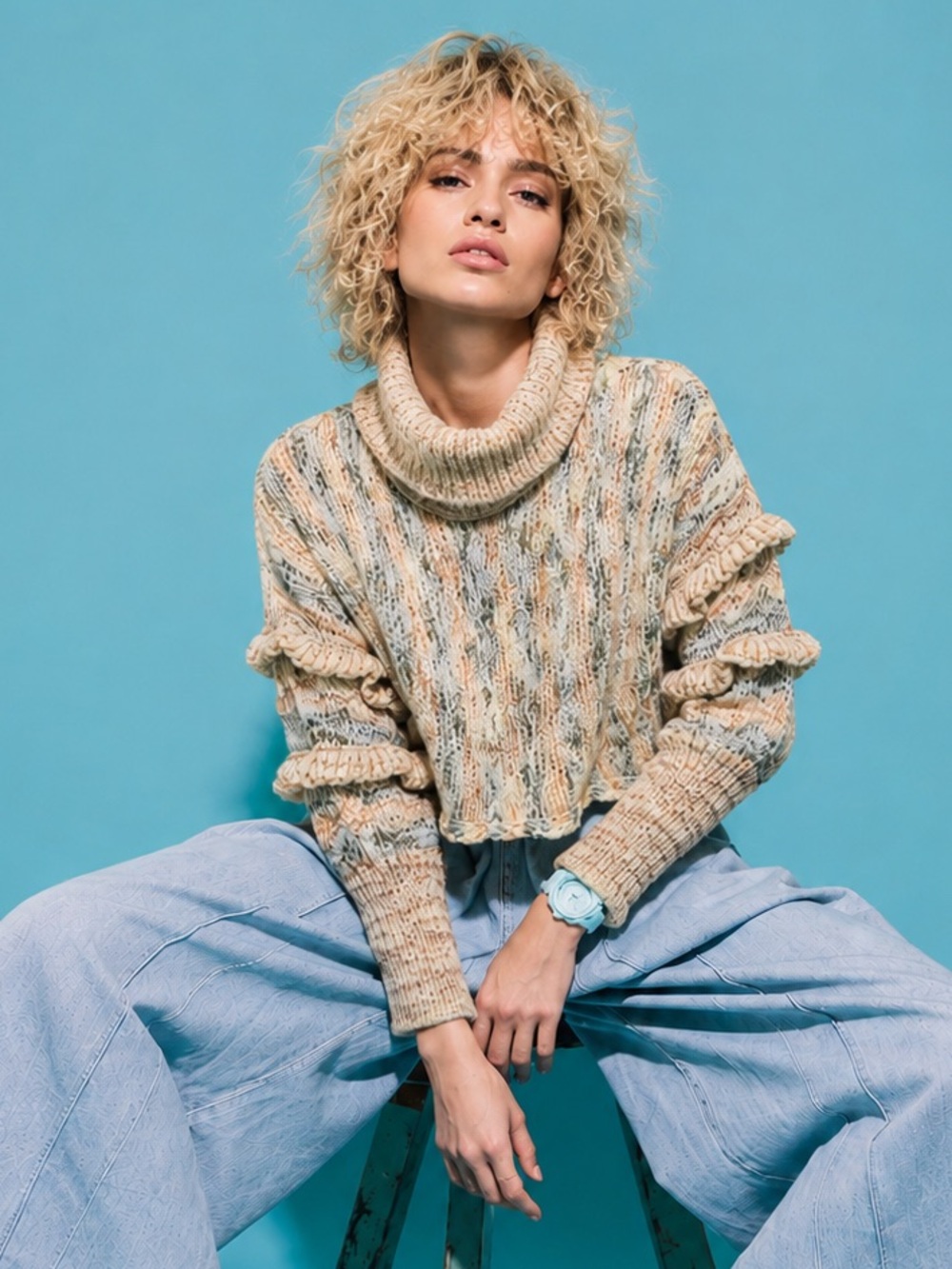 Free People Burst Your Bubble Ruffle Sleeve Turtleneck Sweater Size XS